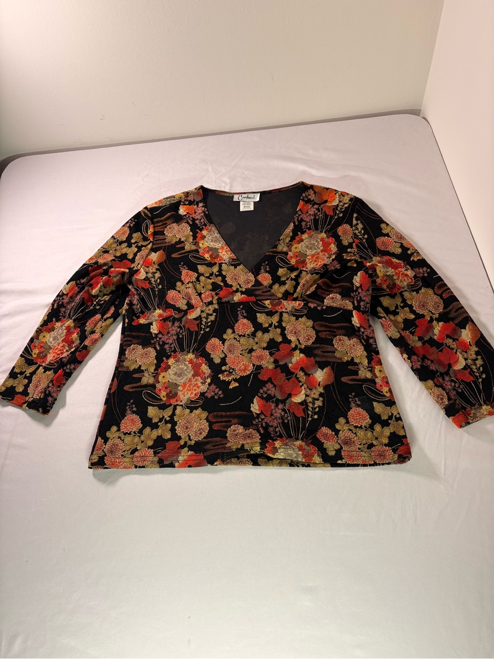 Covington Black Floral V-Neck Tunic with Red and Gold Accents